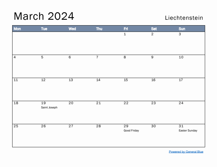 March 2024 Simple Monthly Calendar for Liechtenstein