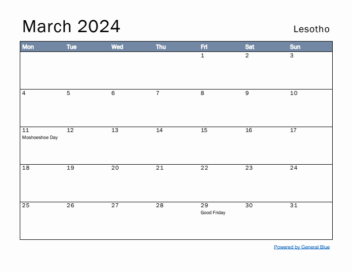 March 2024 Simple Monthly Calendar for Lesotho