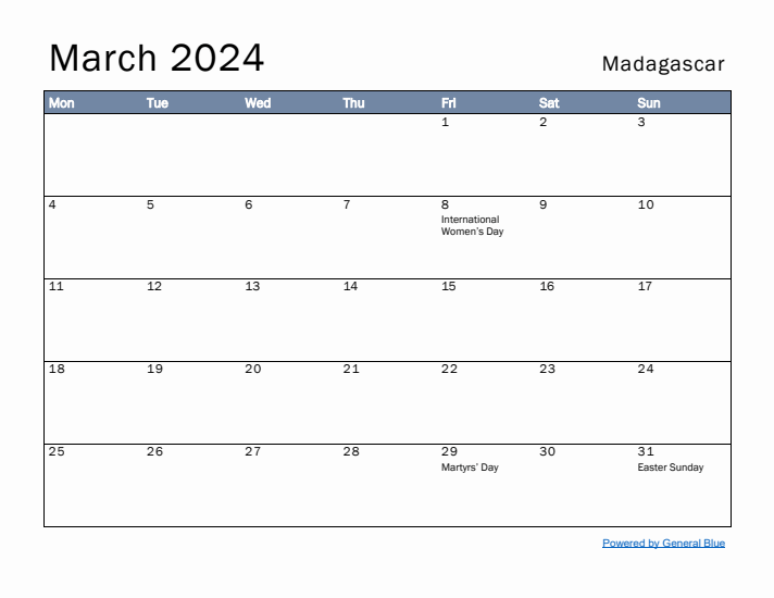 March 2024 Simple Monthly Calendar for Madagascar