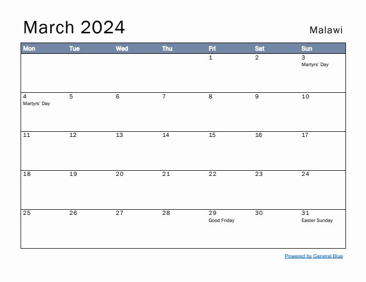 March 2024 Simple Monthly Calendar for Malawi