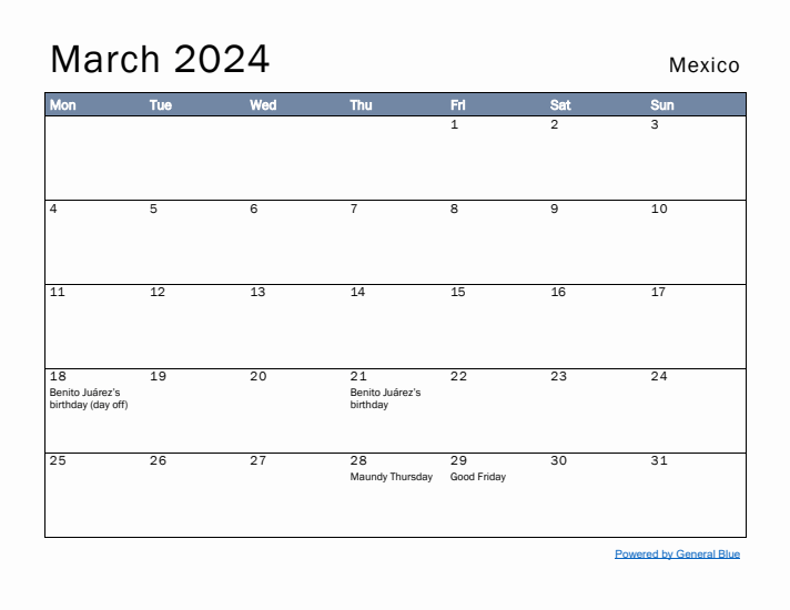 March 2024 Simple Monthly Calendar for Mexico