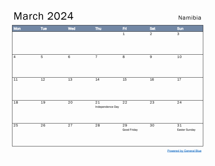 March 2024 Simple Monthly Calendar for Namibia