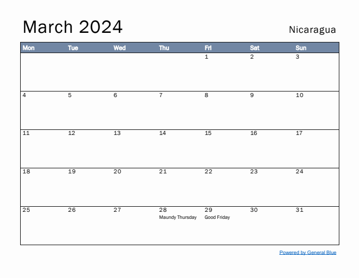 March 2024 Simple Monthly Calendar for Nicaragua