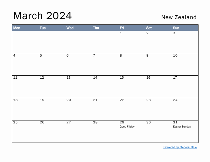 March 2024 Simple Monthly Calendar for New Zealand