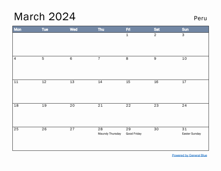 March 2024 Simple Monthly Calendar for Peru