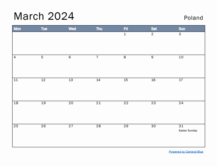 March 2024 Simple Monthly Calendar for Poland