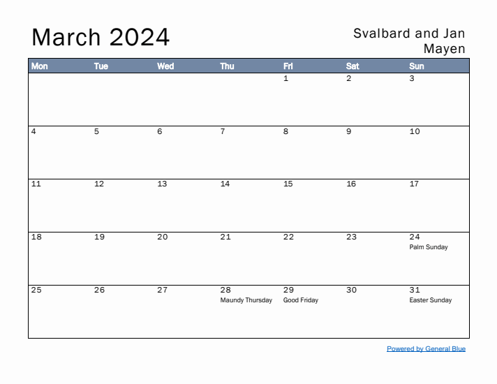 March 2024 Simple Monthly Calendar for Svalbard and Jan Mayen