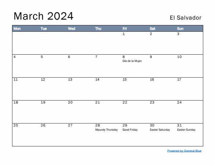 March 2024 Simple Monthly Calendar for El Salvador