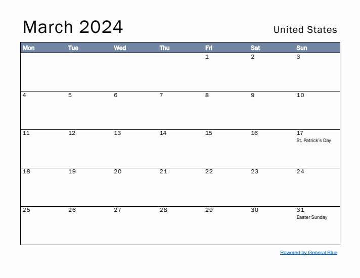 March 2024 Simple Monthly Calendar for United States