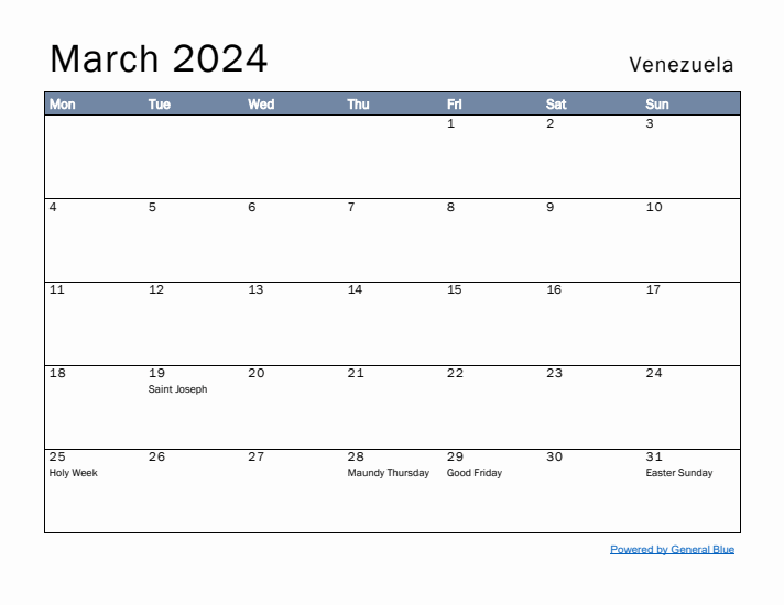 March 2024 Simple Monthly Calendar for Venezuela