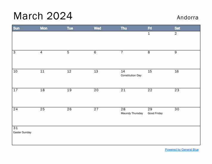 March 2024 Simple Monthly Calendar for Andorra