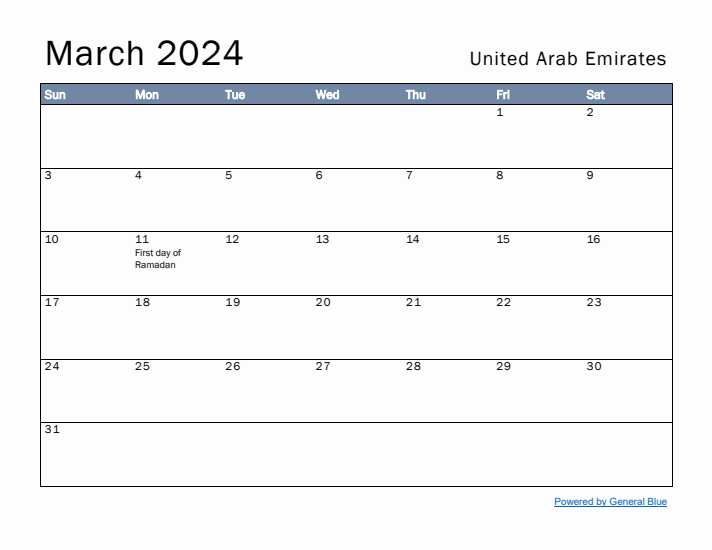 March 2024 Simple Monthly Calendar for United Arab Emirates