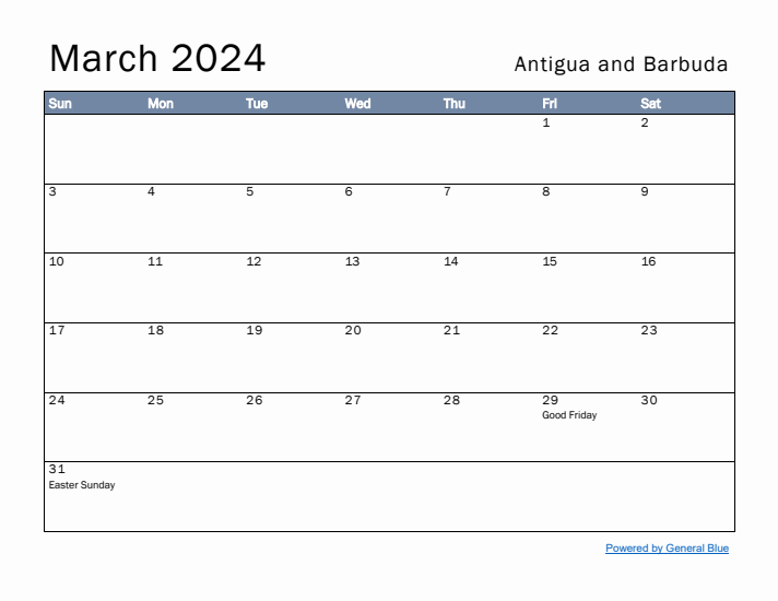 March 2024 Simple Monthly Calendar for Antigua and Barbuda