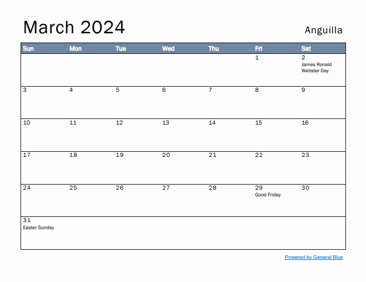 March 2024 Simple Monthly Calendar for Anguilla