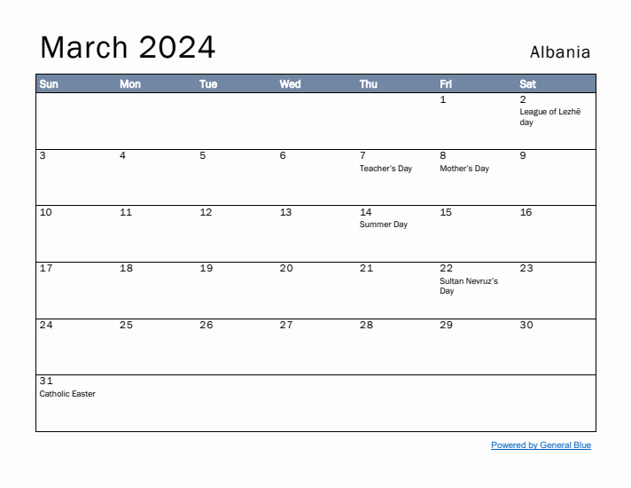 March 2024 Simple Monthly Calendar for Albania