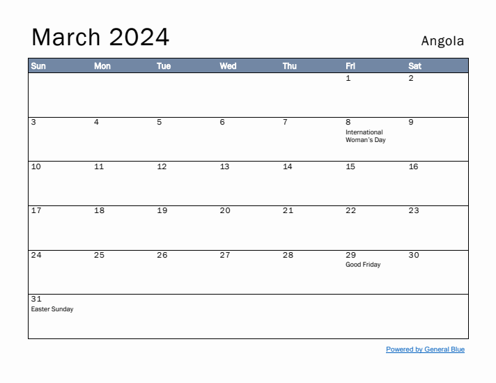 March 2024 Simple Monthly Calendar for Angola