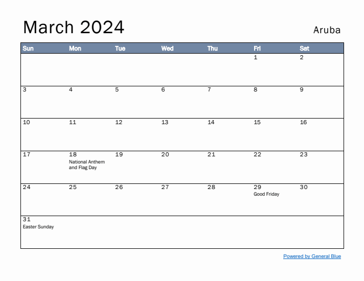 March 2024 Simple Monthly Calendar for Aruba