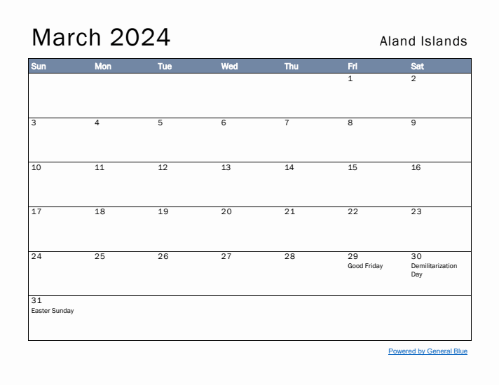 March 2024 Simple Monthly Calendar for Aland Islands