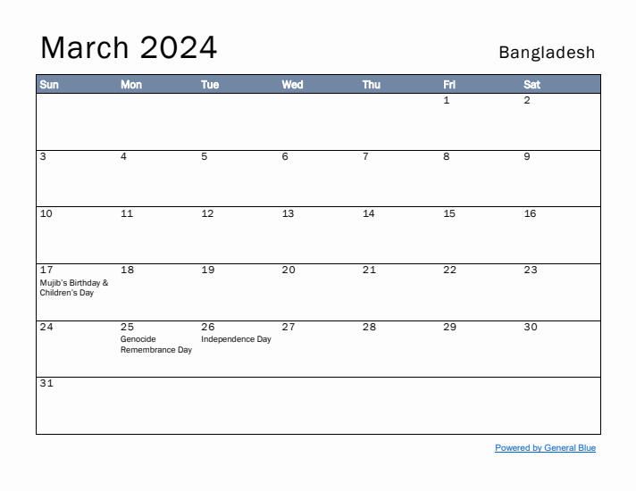 March 2024 Simple Monthly Calendar for Bangladesh