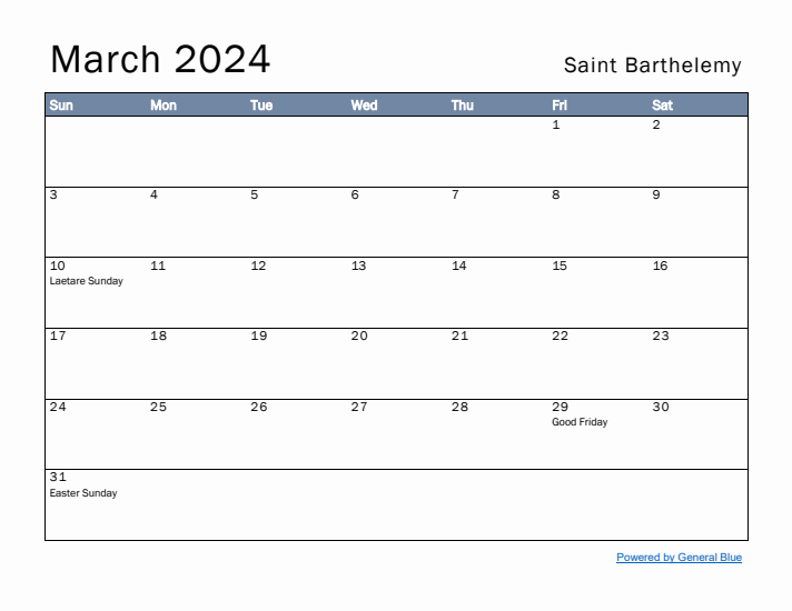 March 2024 Simple Monthly Calendar for Saint Barthelemy