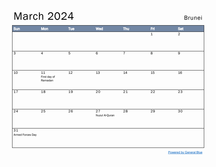 March 2024 Simple Monthly Calendar for Brunei