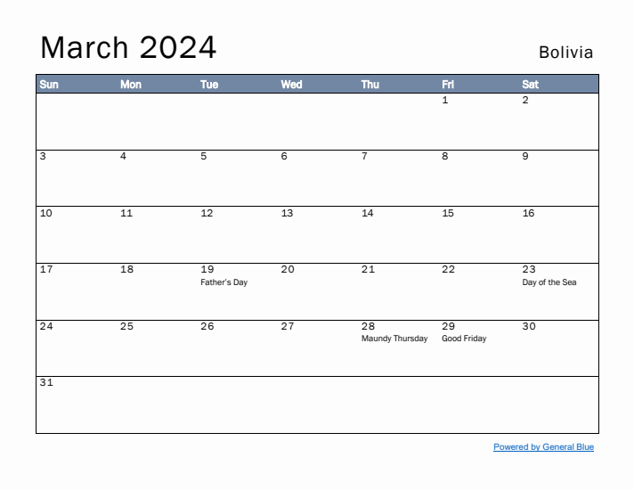 March 2024 Simple Monthly Calendar for Bolivia