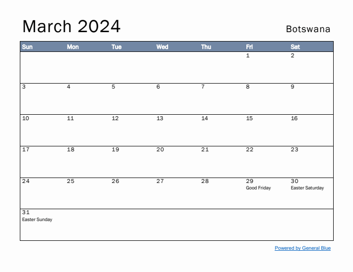 March 2024 Simple Monthly Calendar for Botswana