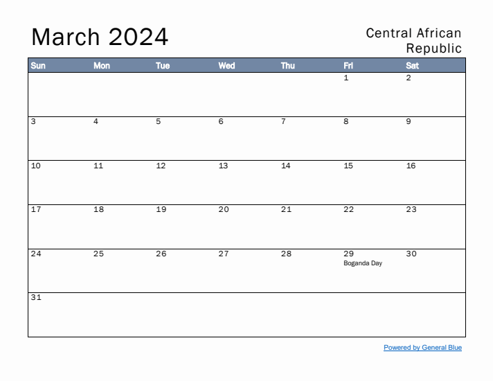 March 2024 Simple Monthly Calendar for Central African Republic