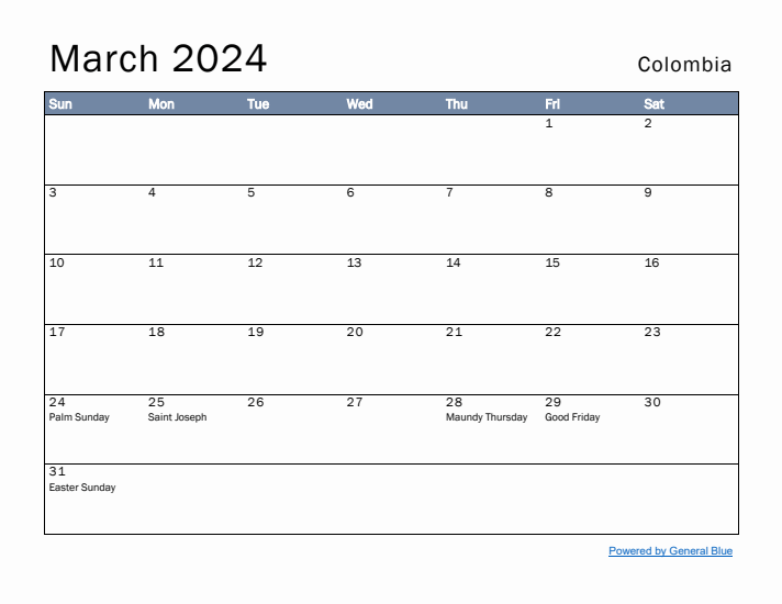 March 2024 Simple Monthly Calendar for Colombia