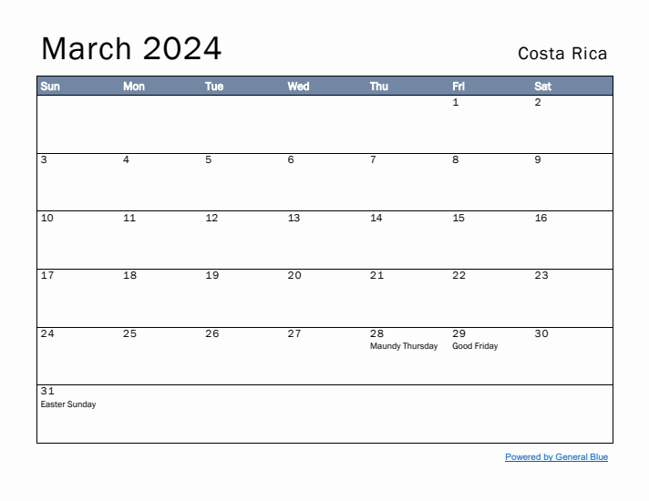 March 2024 Simple Monthly Calendar for Costa Rica