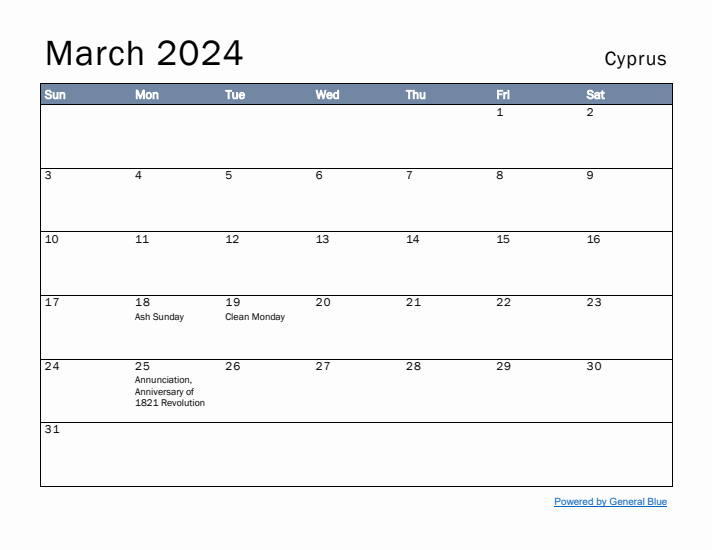 March 2024 Simple Monthly Calendar for Cyprus