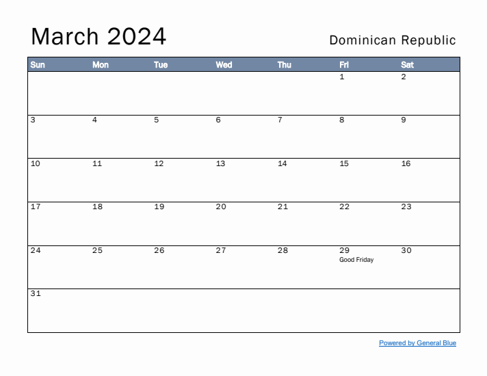 March 2024 Simple Monthly Calendar for Dominican Republic