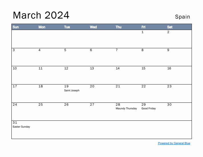 March 2024 Simple Monthly Calendar for Spain