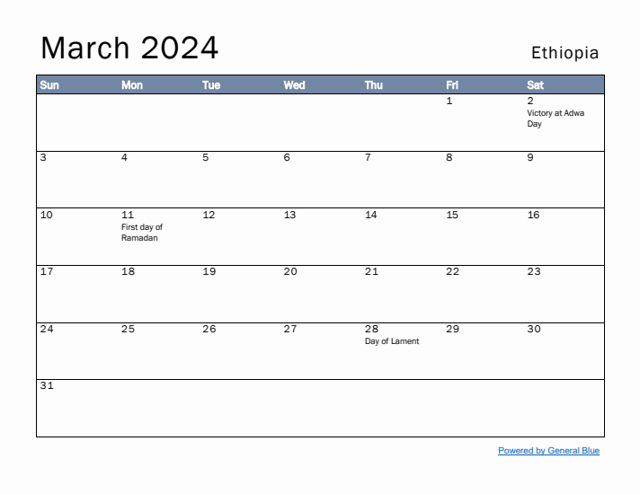 March 2024 Simple Monthly Calendar for Ethiopia