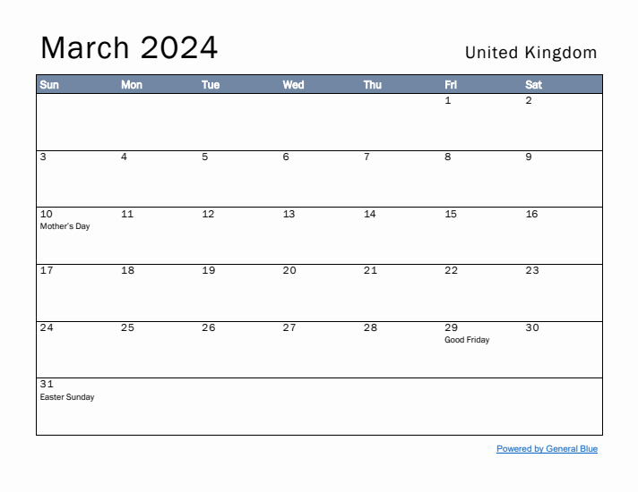 March 2024 Simple Monthly Calendar for United Kingdom