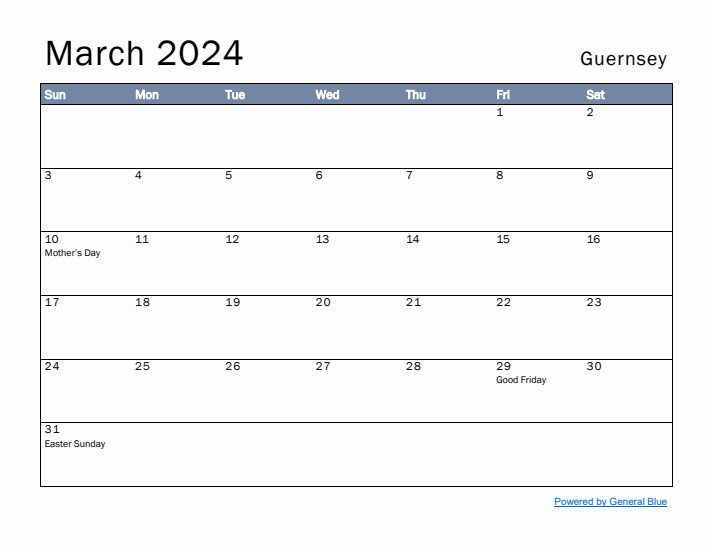 March 2024 Simple Monthly Calendar for Guernsey