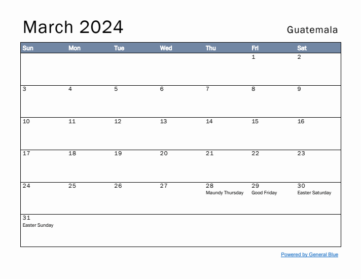 March 2024 Simple Monthly Calendar for Guatemala