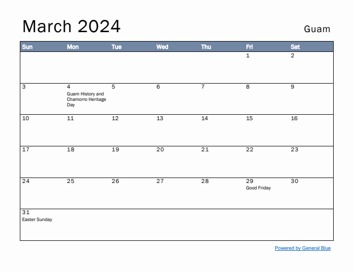 March 2024 Simple Monthly Calendar for Guam