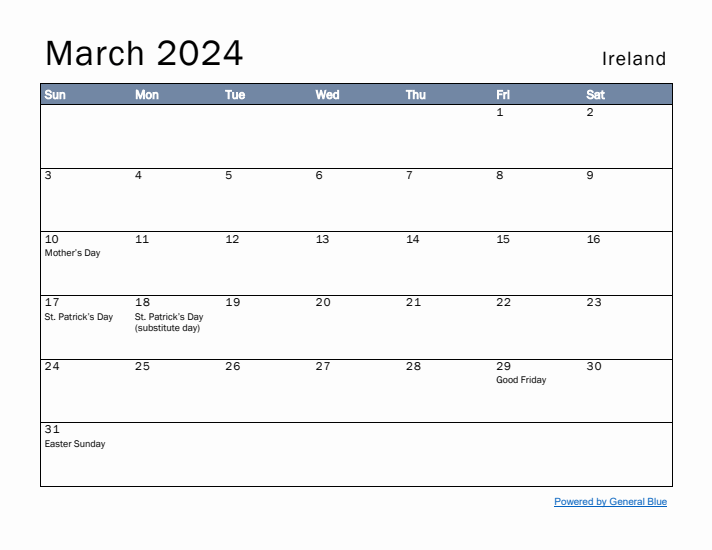 March 2024 Simple Monthly Calendar for Ireland