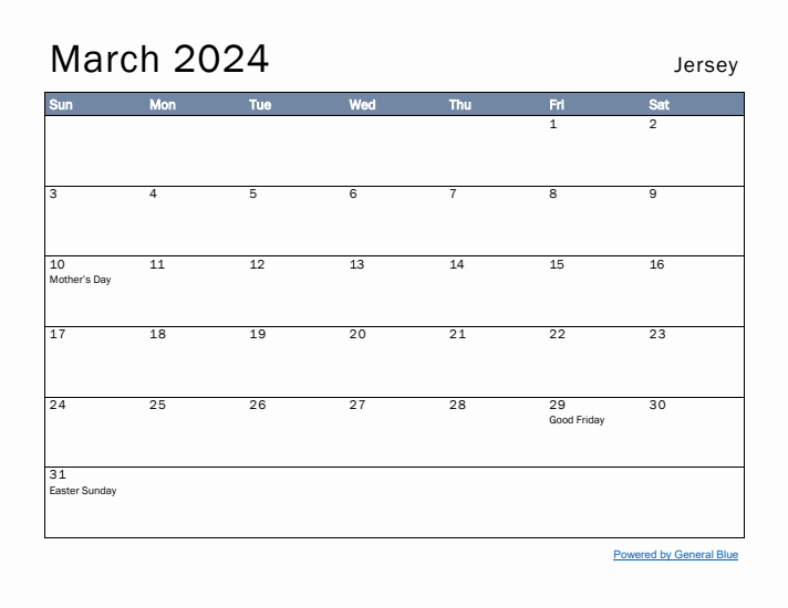 March 2024 Simple Monthly Calendar for Jersey