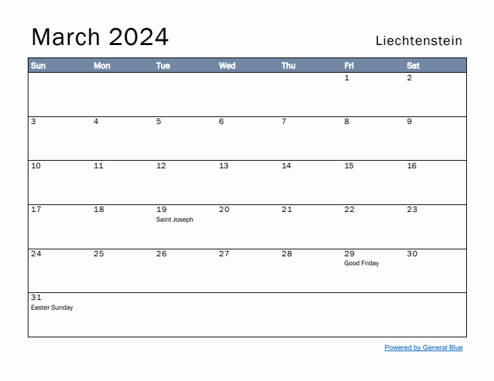 March 2024 Simple Monthly Calendar for Liechtenstein