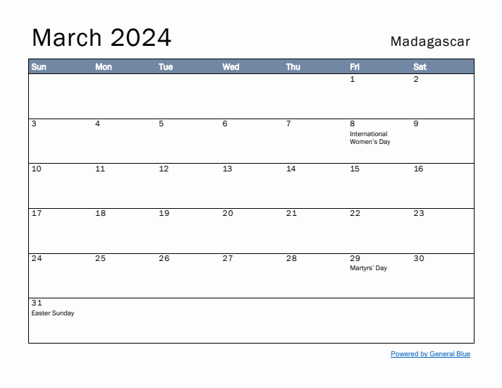 March 2024 Simple Monthly Calendar for Madagascar