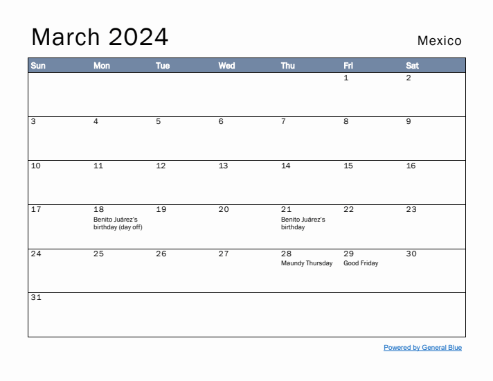 March 2024 Simple Monthly Calendar for Mexico