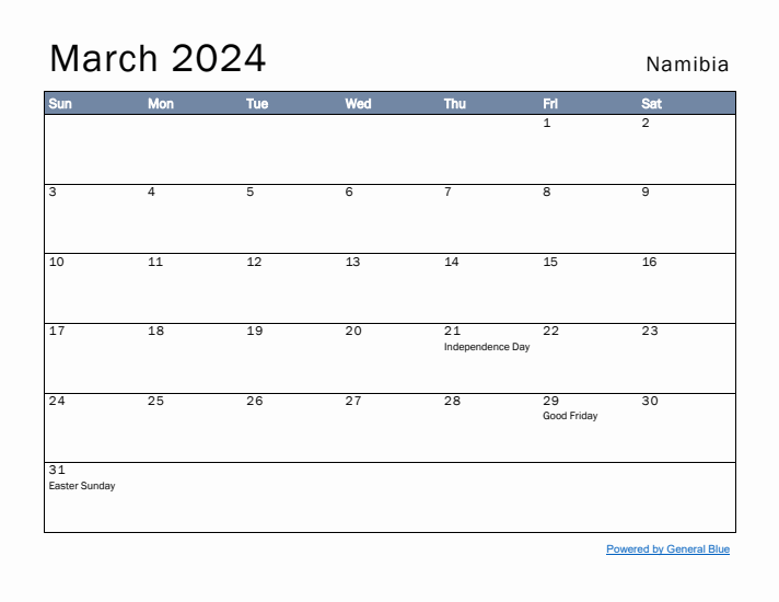 March 2024 Simple Monthly Calendar for Namibia