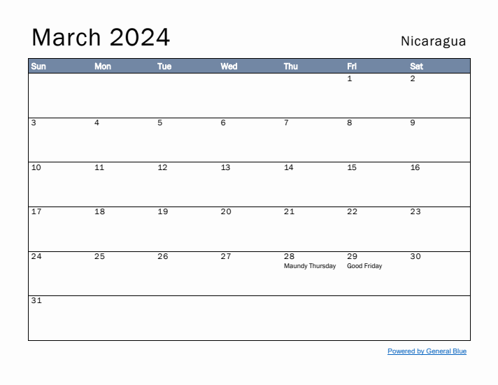 March 2024 Simple Monthly Calendar for Nicaragua