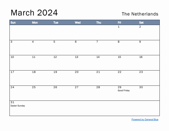 March 2024 Simple Monthly Calendar for The Netherlands