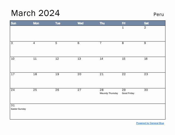 March 2024 Simple Monthly Calendar for Peru