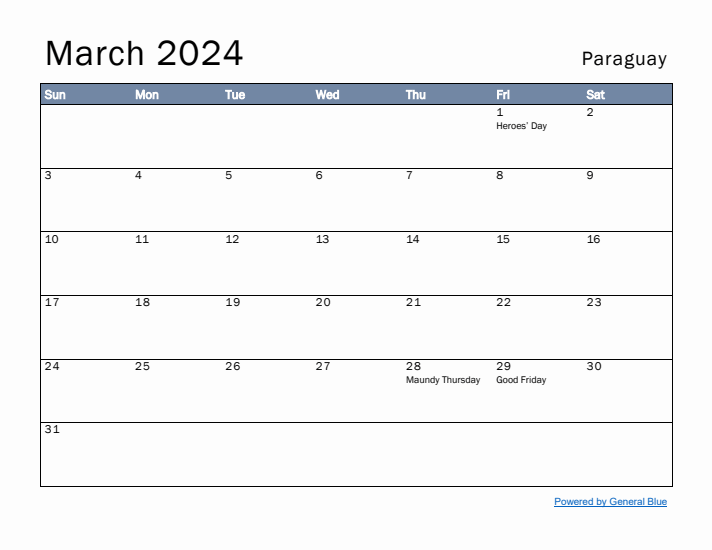 March 2024 Simple Monthly Calendar for Paraguay