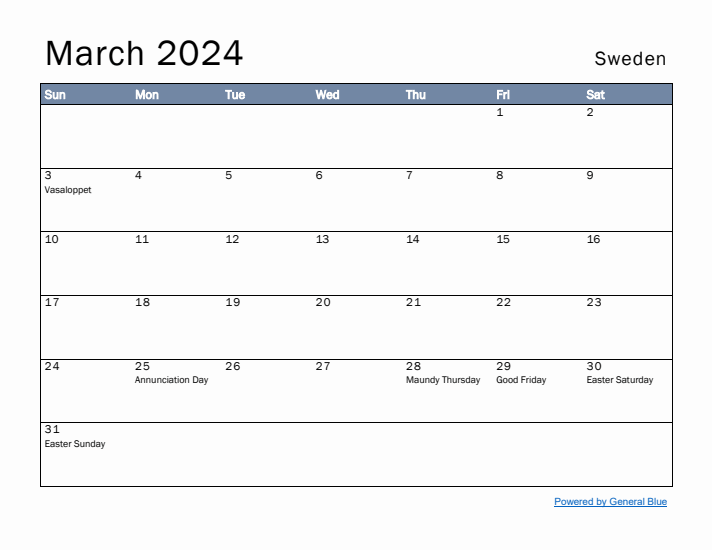 March 2024 Simple Monthly Calendar for Sweden