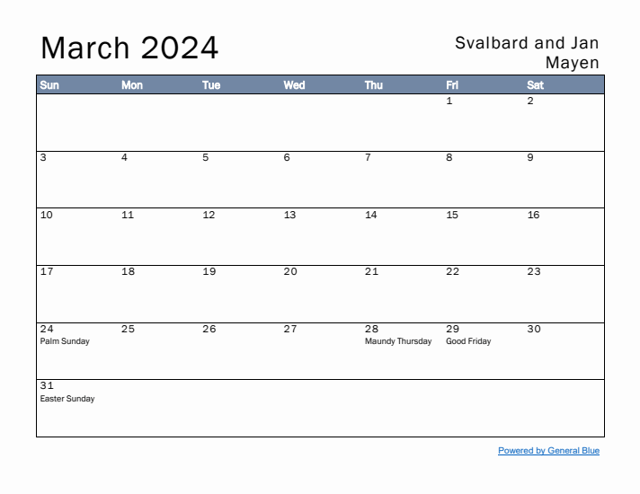 March 2024 Simple Monthly Calendar for Svalbard and Jan Mayen